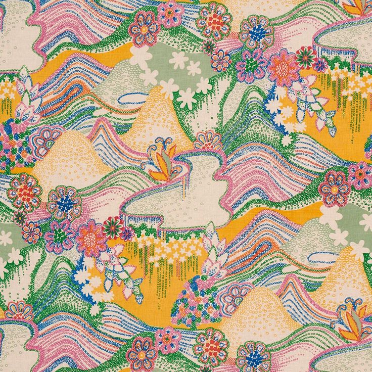 Colorful repeating fabric pattern with flowers, wavy lines, and abstract shapes