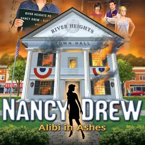 Illustrated Nancy Drew cover with a silhouette in front of a burning town hall at sunset