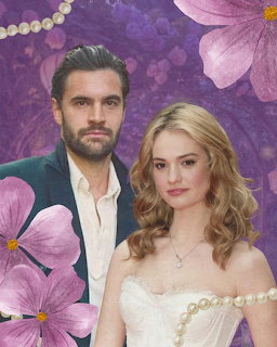 Man in teal suit and blonde woman in white dress with pearls against purple floral background