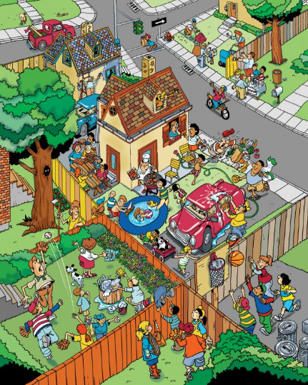 Aerial view illustration of crowded suburban house with backyard party, pool, garden and street scene