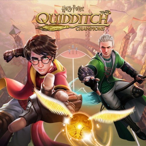 Illustration of Harry Potter and another Quidditch player flying on broomsticks with the Golden Snitch