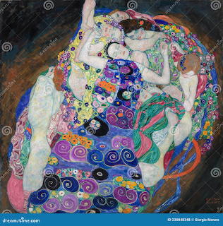 Klimt painting of three women embraced in vibrant decorative patterns with gold and jewel tones