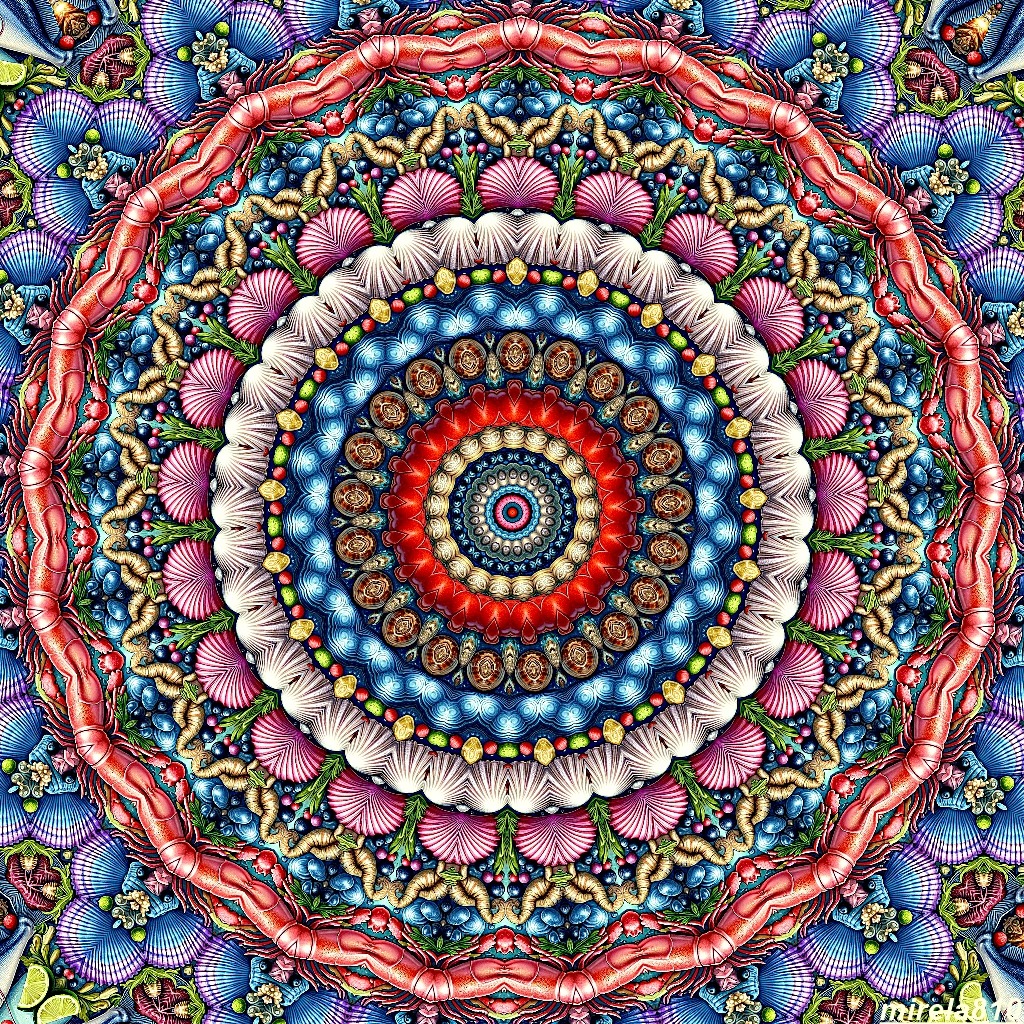 Detailed mandala with layered circular floral patterns in pink, blue, orange, and vibrant colors radiating from center