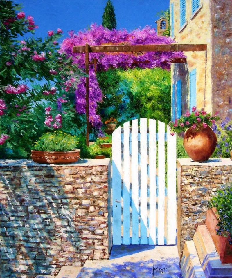 Impressionist painting of white gate with purple flowering vine in Mediterranean garden with stone wall and blue sky