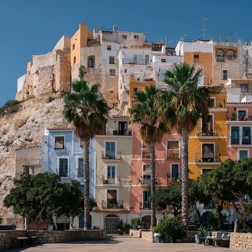 Colorful hillside village buildings with palm trees and blue sky
