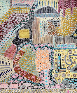 Colorful abstract folk art painting with patchwork of patterns including dots, stripes, flowers and geometric shapes