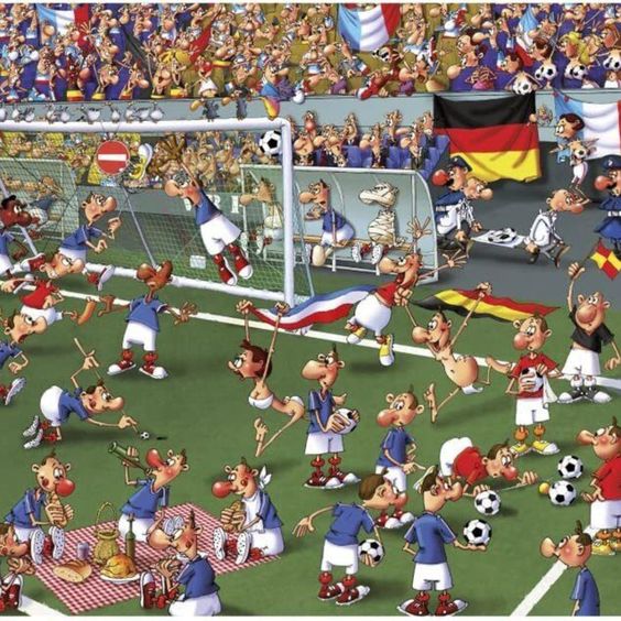 Colorful cartoon dogs playing soccer on a field with cheering fans in the stadium