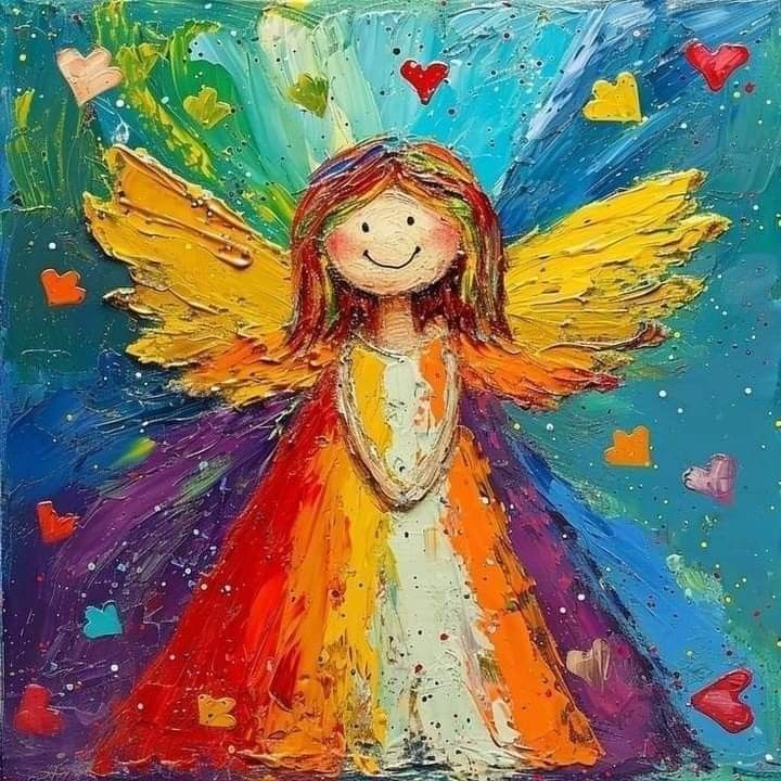 Textured painting of cheerful angel with yellow wings wearing orange and rainbow dress on blue background with hearts