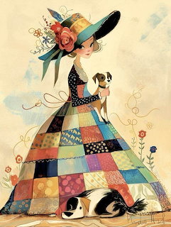 Woman in Patchwork Dress with Dog