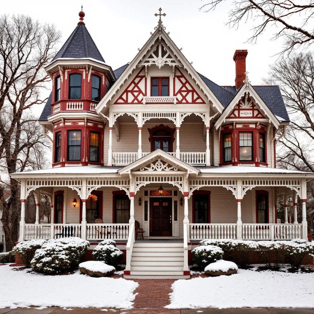 Red and white Victorian house with ornate trim and turret in snowy winter setting