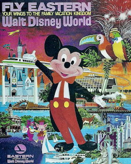 Retro magazine cover showing Mickey Mouse with Disney World landmarks and Eastern Airlines branding