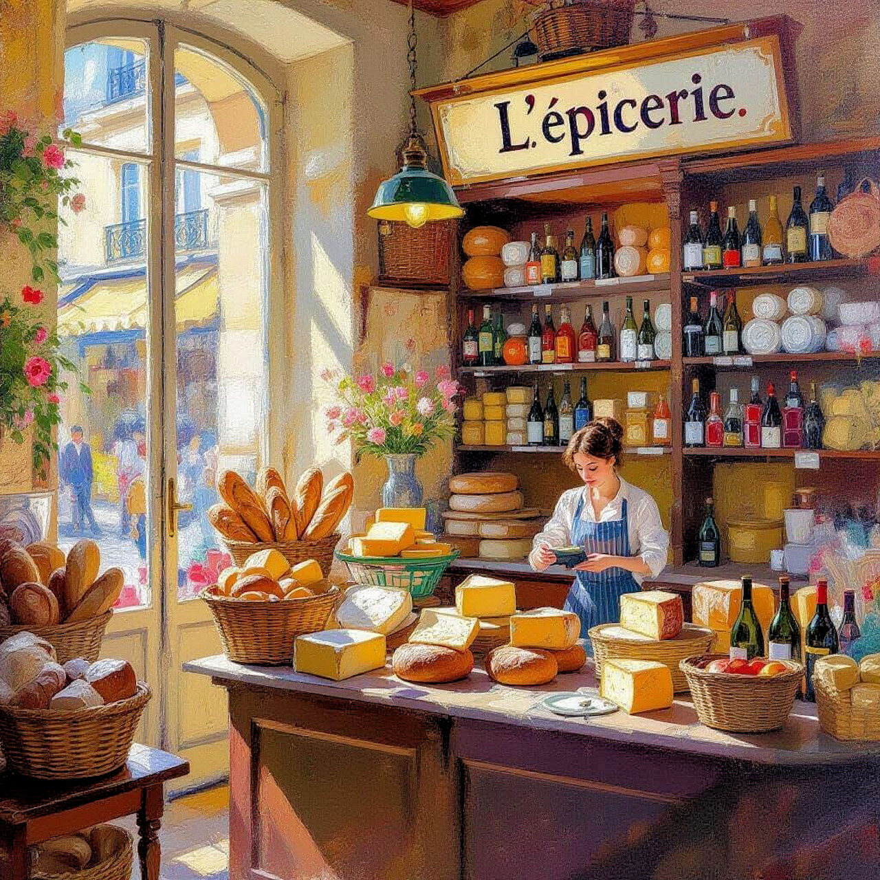 Painting of a traditional French grocery shop interior with shelves, bread, cheese, and shopkeeper