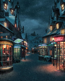 Snowy fantasy village street at night with lit shopfronts and dark rooftops under a starry sky