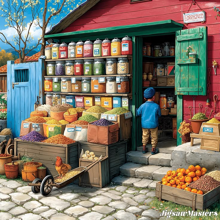 Colorful market stall with jars, baskets of grains, oranges, and a child at the doorway
