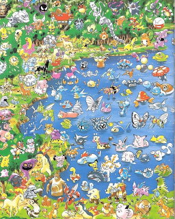 Illustrated Pokemon characters crowded around a pond in a vibrant garden with flowers and greenery
