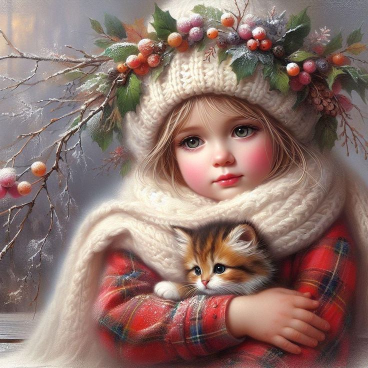 Young girl in cream knit hat with holly berries holding orange kitten wrapped in plaid blanket