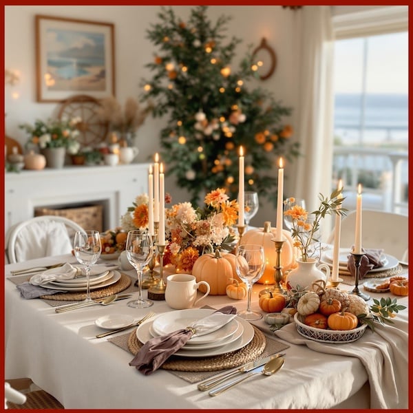 Festive dining table with Christmas tree, candles, pumpkins, and ocean view through window