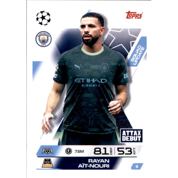 Rayan Ait-Nouri soccer trading card showing player in dark Manchester City jersey