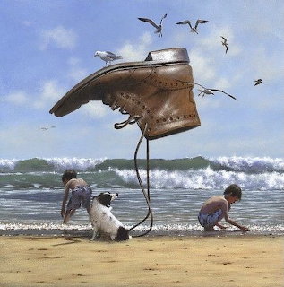 Painting of a giant boot on a pole at the beach with two children, a dog, waves, and flying birds