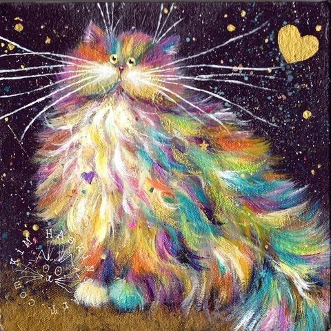 Fluffy rainbow-colored cat with long whiskers and a gold heart on dark background