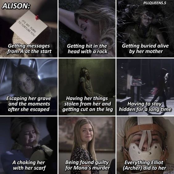 Nine-panel collage of dark dramatic scenes with a blonde woman and caption text
