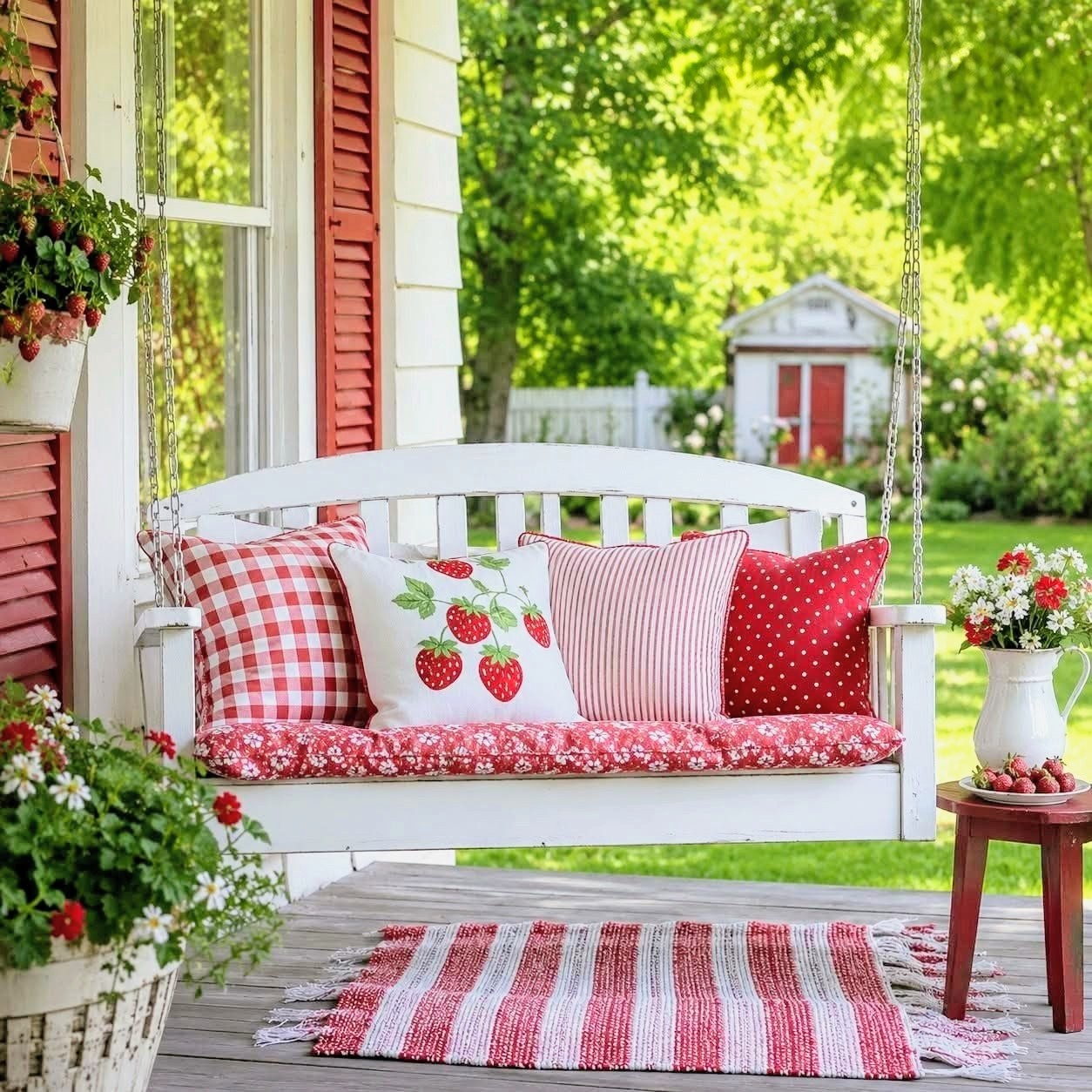 White porch swing with strawberry pillows, flowers, and a striped rug on a sunny farmhouse porch
