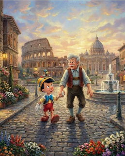 Painting of Pinocchio and Geppetto walking on a coblestone street in Rome at sunset