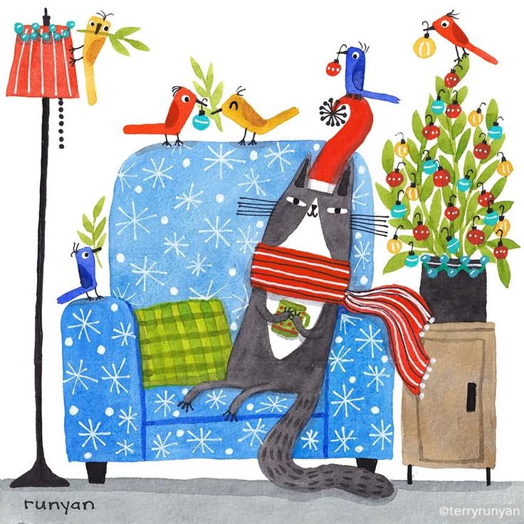 Whimsical cat in a blue armchair beside a decorated Christmas tree with colorful birds