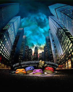 Four colored ninja masks in manhole with city buildings and stormy sky