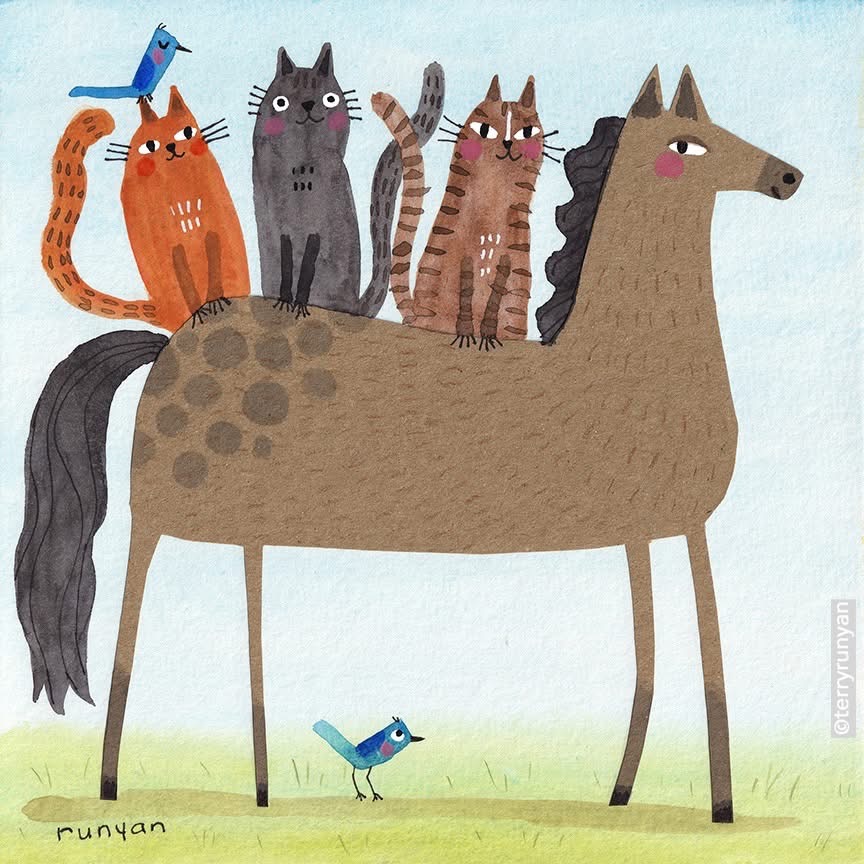 Five cats sitting on a brown horse with a blue bird below in folk art style