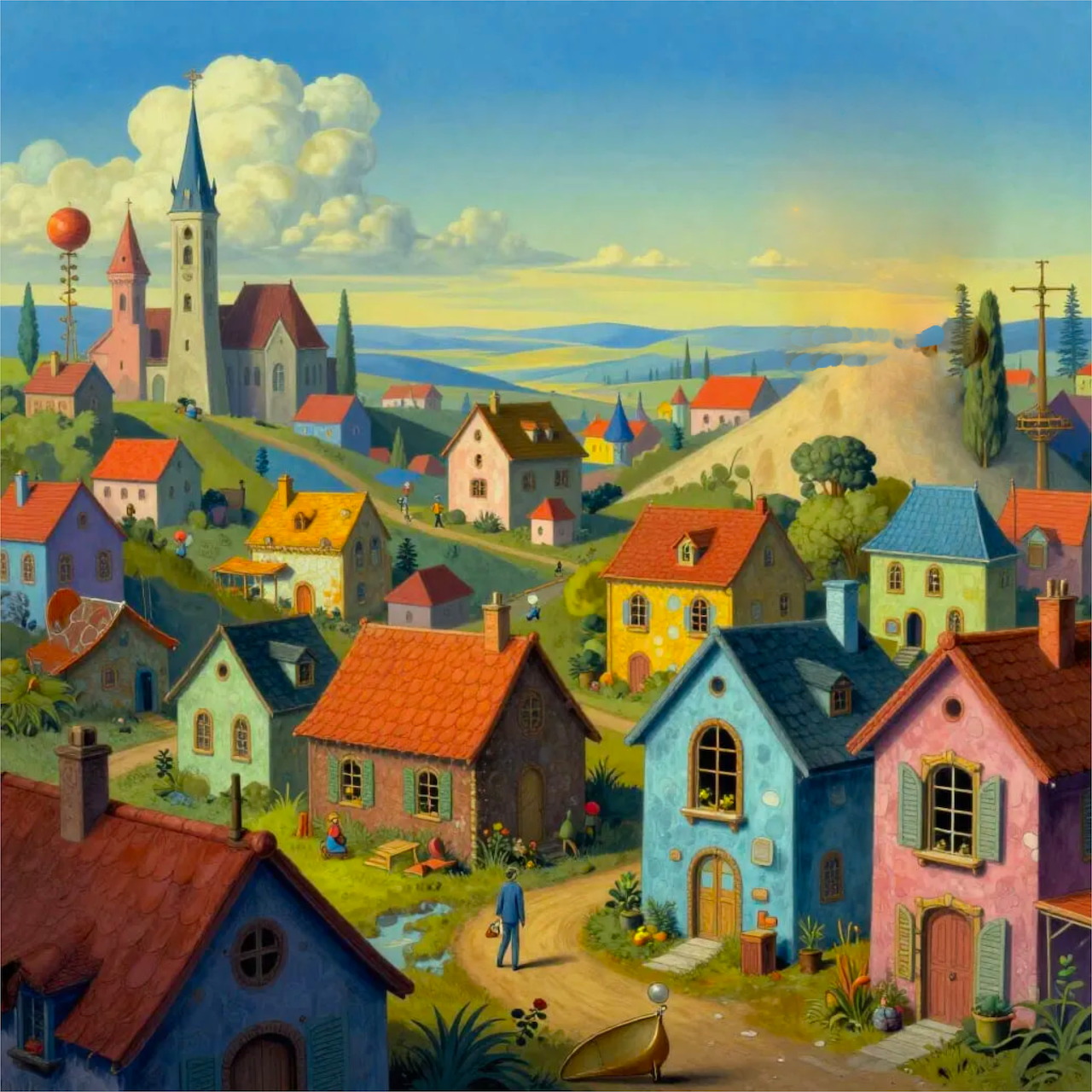 Whimsical painting of a colorful village with houses and church by the sea
