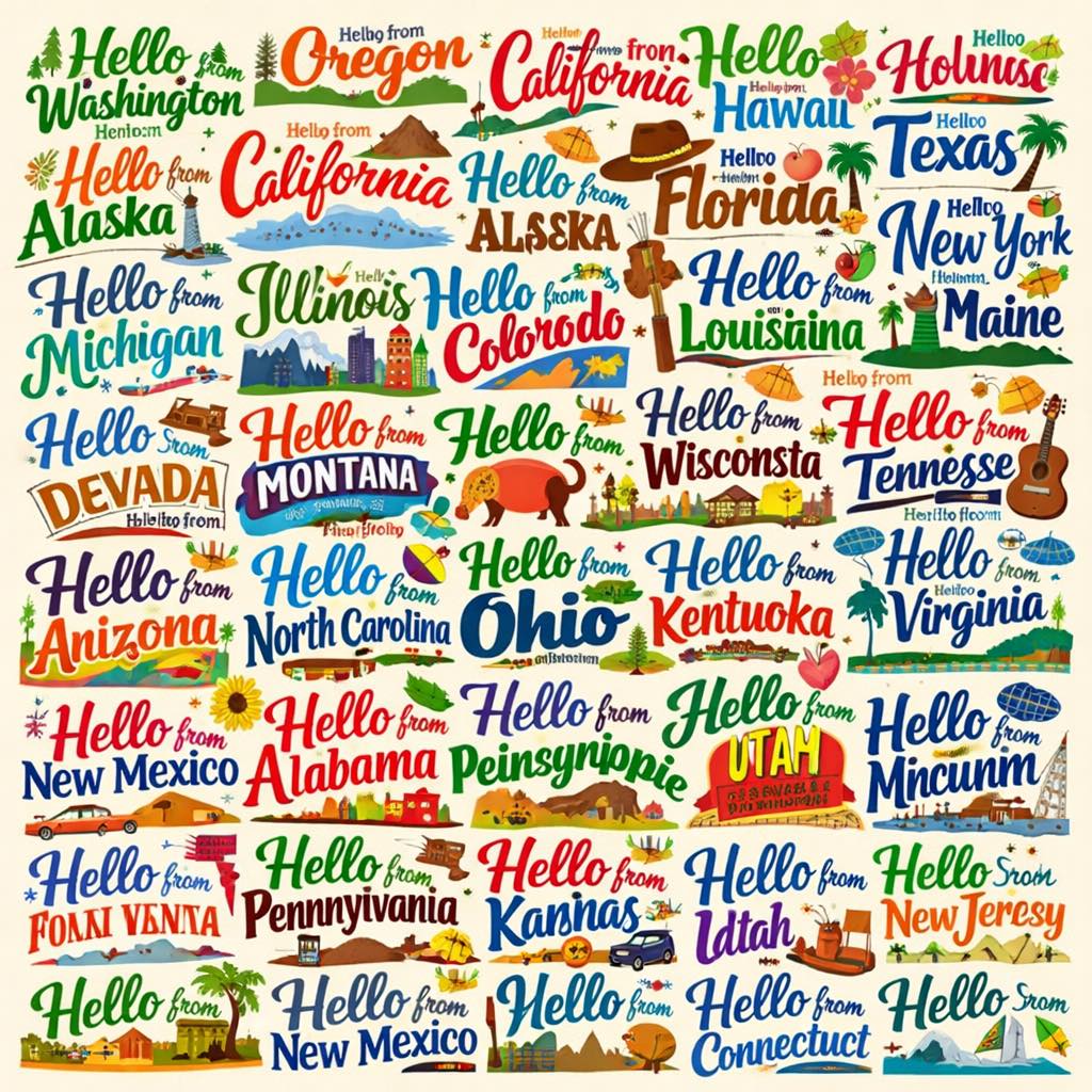 Colorful collage of vintage-style Hello from different U.S. states postcards