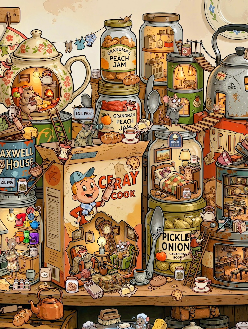 Colorful cartoon illustration of crowded vintage pantry shelves with jars, cans, and character-labeled food containers