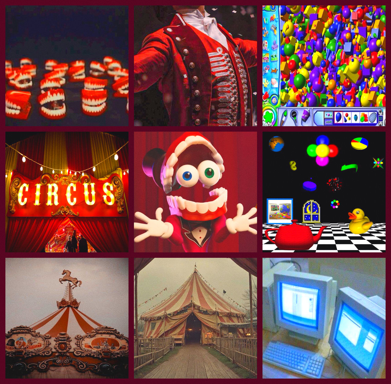 Collage of circus-themed images including Caine character from The Amazing Digital Circus, circus tent, and neon signs