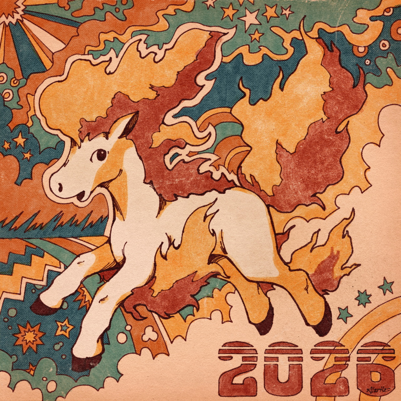 White horse with flowing orange mane leaping through decorative patterns with 2026 text