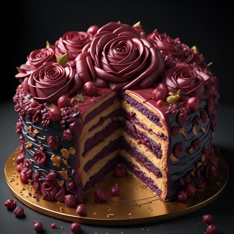 Layered cranberry cake with dark rose frosting flowers and a cut slice showing berry filling