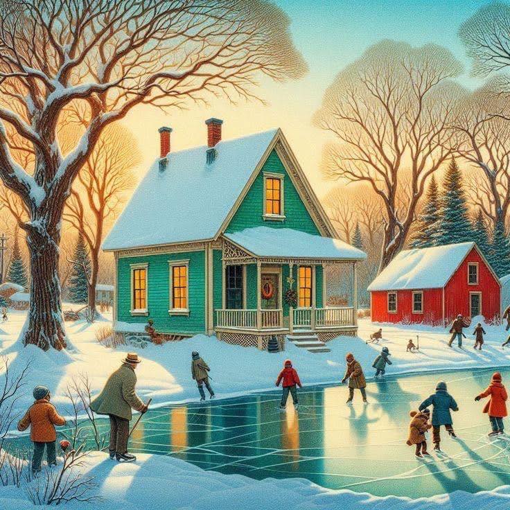 Winter cottage scene with people ice skating on a frozen pond near snow-covered houses