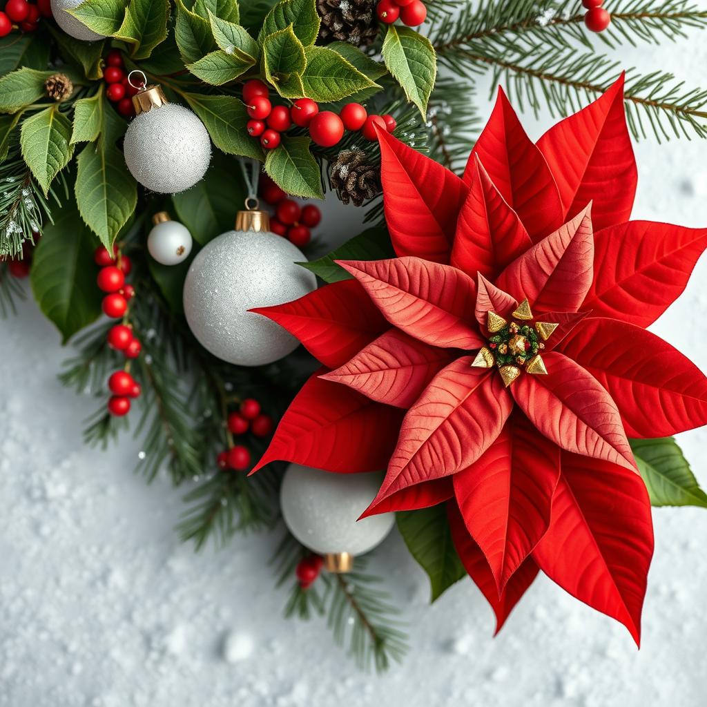 Red poinsettia with Christmas ornaments, evergreen branches, and berries on snow