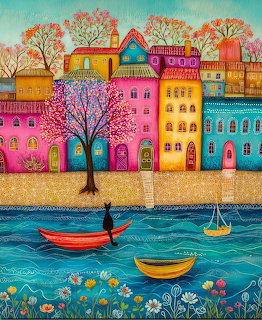 Colorful folk art illustration of a whimsical village with pink, yellow, orange, and blue houses by the water