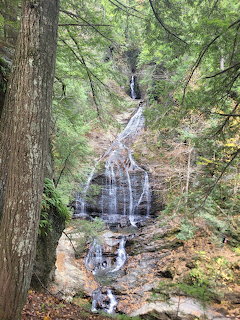 Tall multi-tiered waterfall cascading down rocks surrounded by dense green forest trees