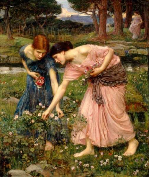 Two women in classical robes picking flowers in a garden, painted in pre-Raphaelite style