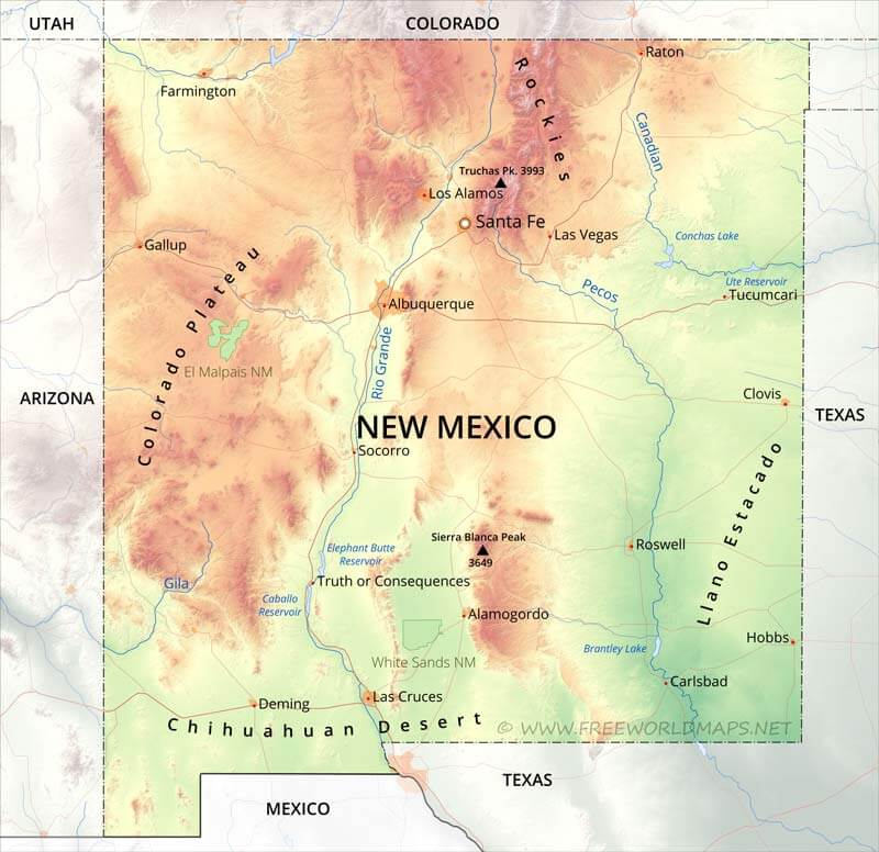 Relief map of New Mexico with city names, roads, rivers, and surrounding state borders
