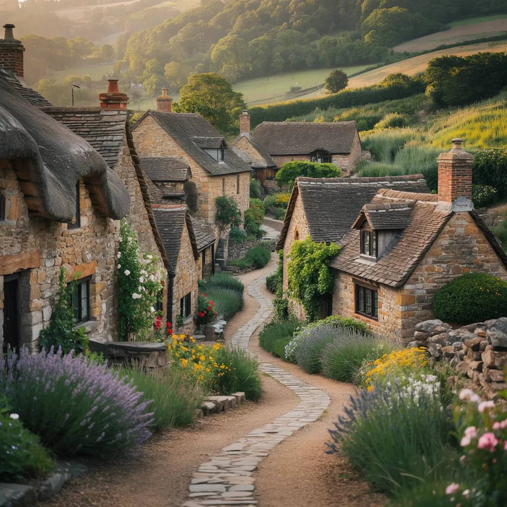Stone cottages with thatched roofs along winding path in green English countryside village