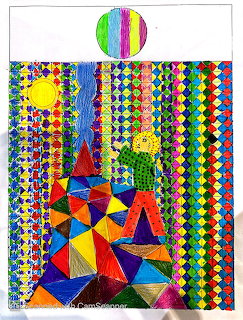 Colorful abstract drawing with geometric triangles, patterned stripes, a yellow sun, and a striped circle