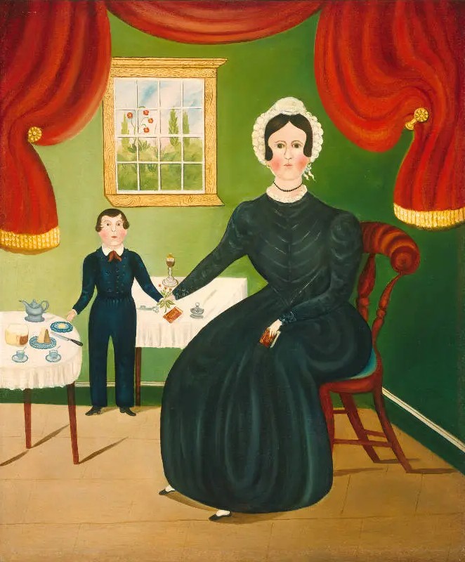 Folk art painting of a mother and son in traditional style