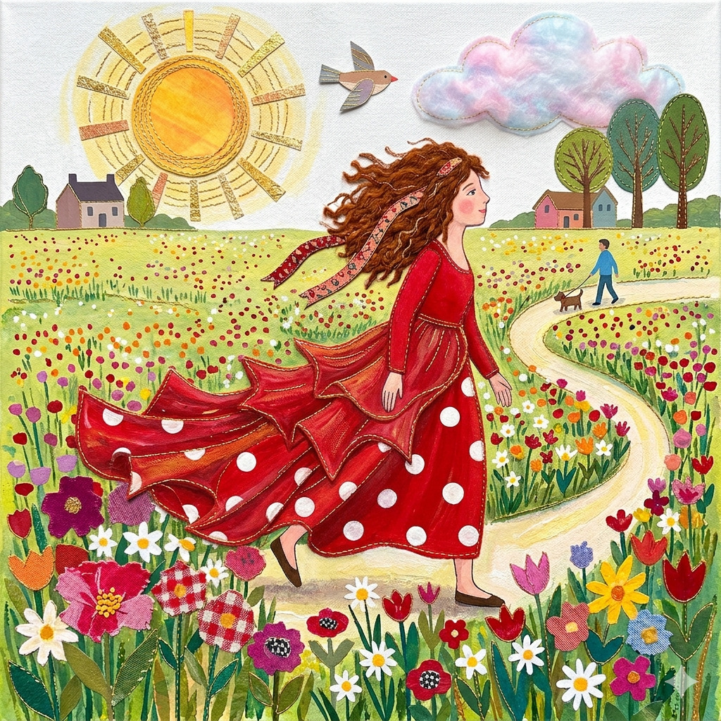 Girl in red polka dot dress running through vibrant flower field with sun and clouds