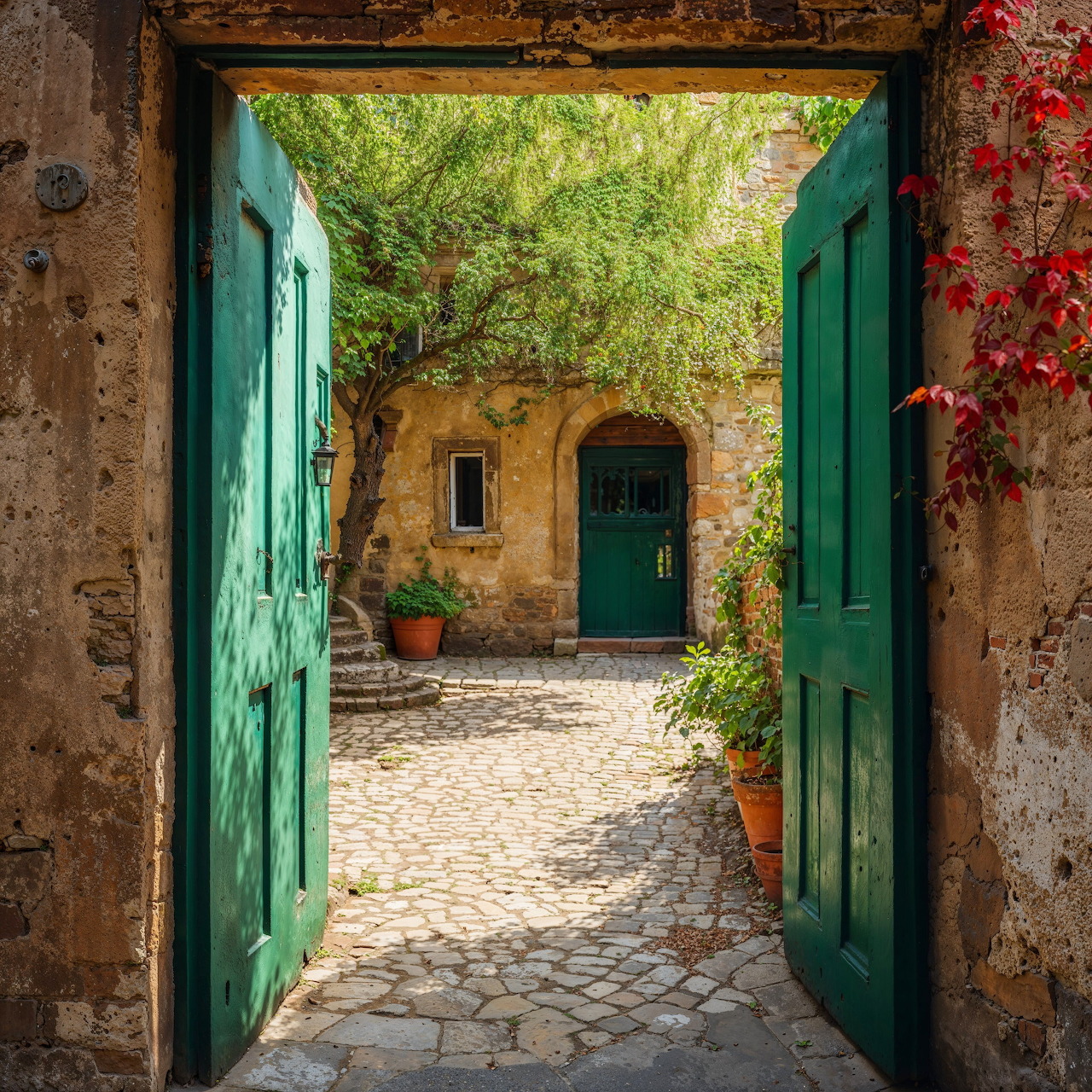 Open green doors leading into a sunny stone courtyard with plants and a green door