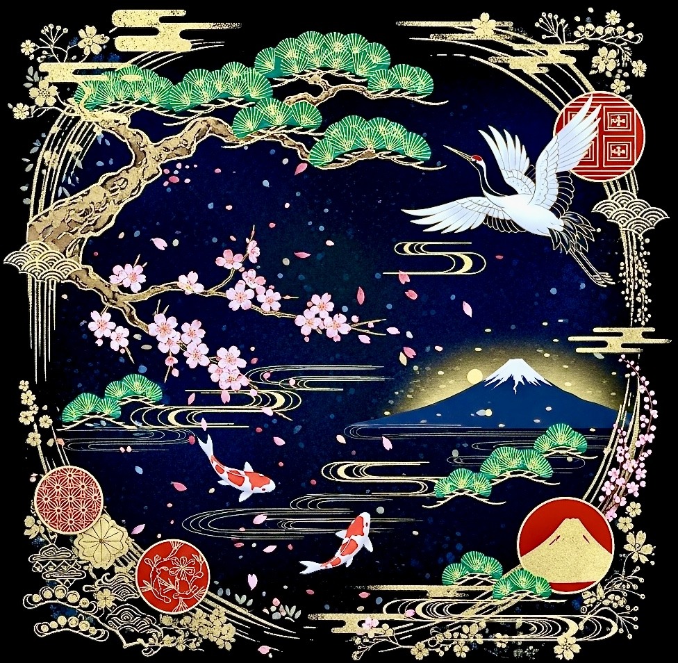 Japanese art with koi fish, crane, cherry blossoms, and pine trees on dark blue background with gold cloud motifs