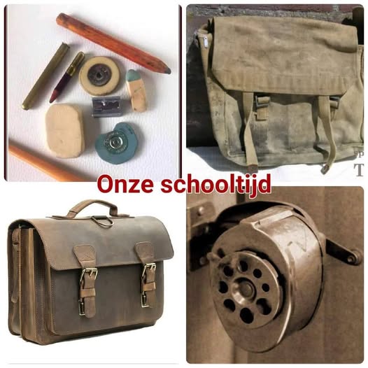 Collage of vintage school items with an old satchel, pencil sharpener, and small accessories
