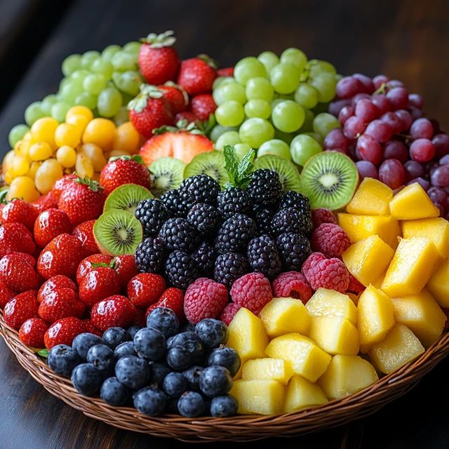 Assorted fresh fruits arranged in rainbow sections on round woven basket platter